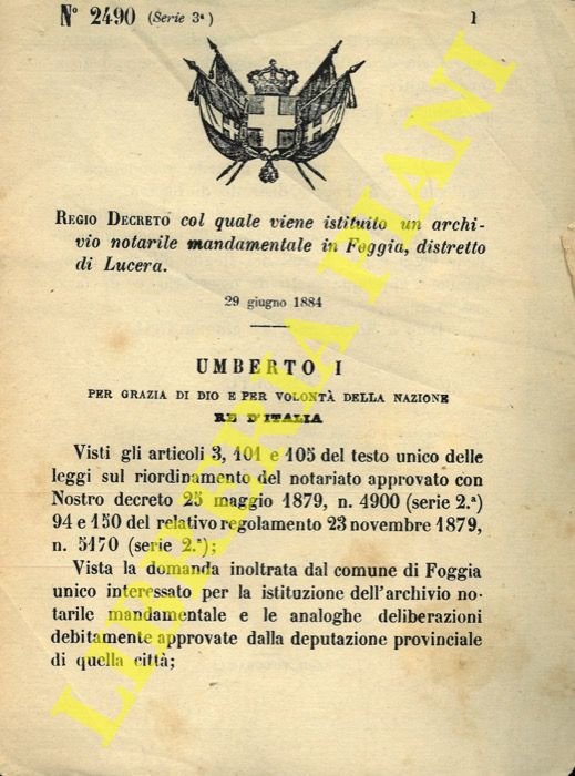 Regio Decreto col quale viene istituito un archivio notarile mandamentale …