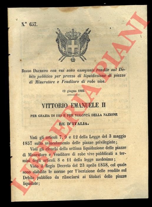 Regio Decreto con cui sono assegnate rendite sul Debito pubblico …