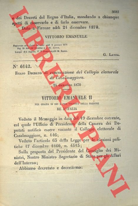 Regio Decreto di convocazione del Collegio elettorale di Casalmaggiore.