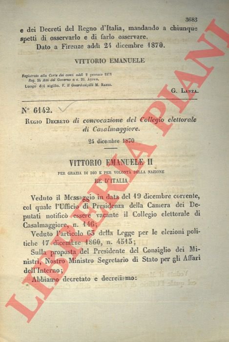 Regio Decreto di convocazione del Collegio elettorale di Casalmaggiore.
