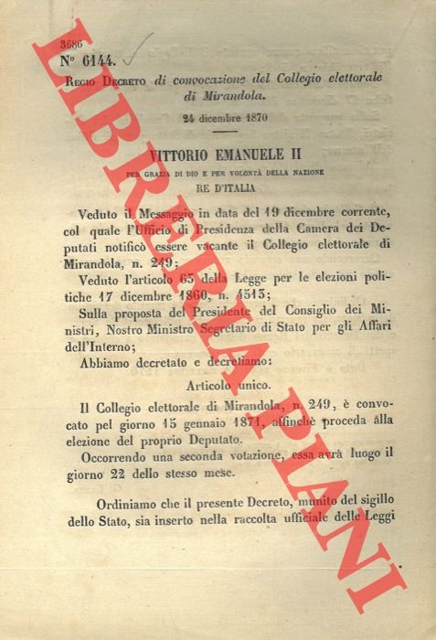 Regio Decreto di convocazione del Collegio elettorale di Mirandola.