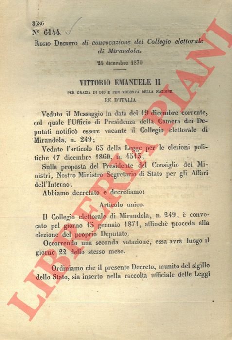 Regio Decreto di convocazione del Collegio elettorale di Mirandola.