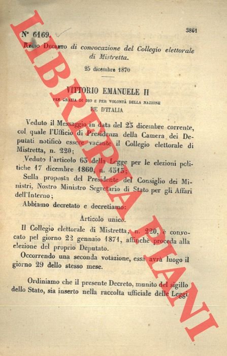 Regio Decreto di convocazione del Collegio elettorale di Mistretta.