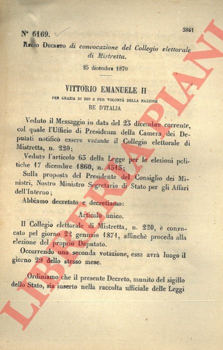 Regio Decreto di convocazione del Collegio elettorale di Mistretta.