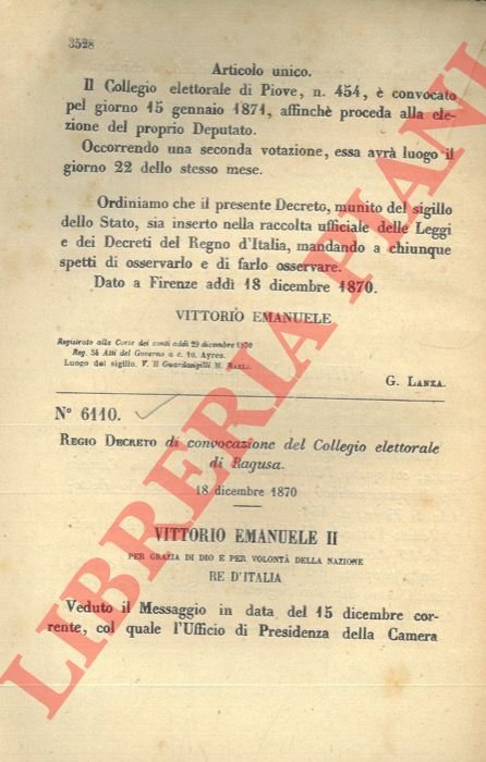Regio Decreto di convocazione del collegio elettorale di Ragusa.