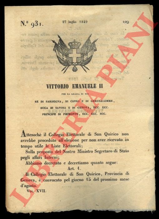 Regio Decreto in merio al collegio elettorale di San Quirico, …