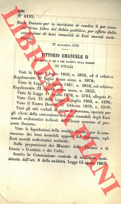Regio Decreto per la iscrizione di rendite 5 per cento …