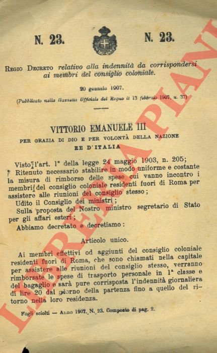 relativo alla indennità da corrispondersi ai membri del consiglio coloniale.