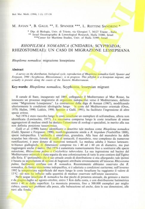 Rhopilema nomadica (Cnidaria; Schiphozoa; Rhizostomeae): un caso di migrazione lessepsiana.