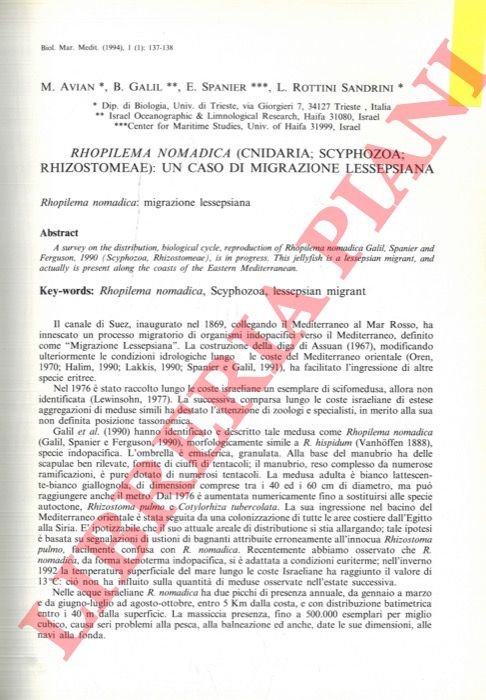 Rhopilema nomadica (Cnidaria; Schiphozoa; Rhizostomeae): un caso di migrazione lessepsiana.