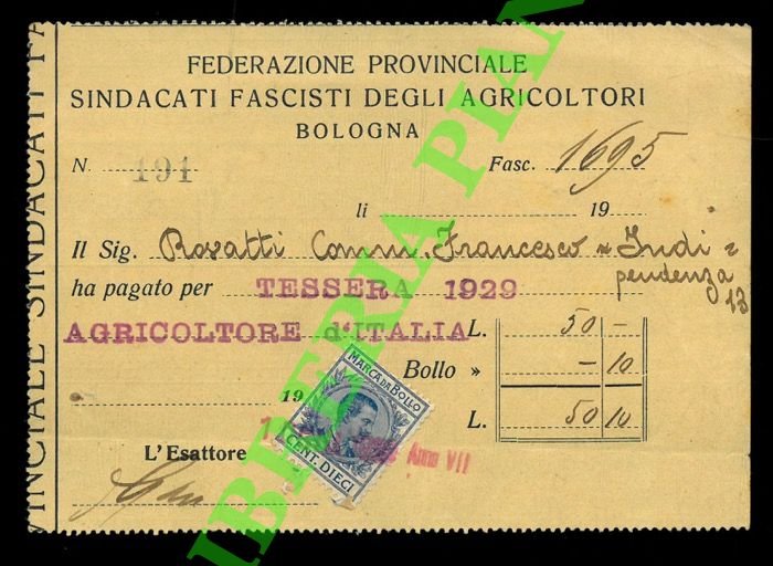 Ricevuta di pagamento per Tessera 1929