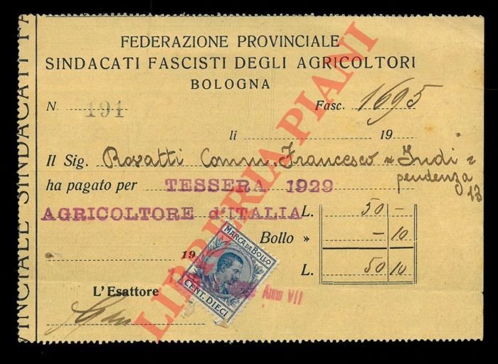Ricevuta di pagamento per Tessera 1929