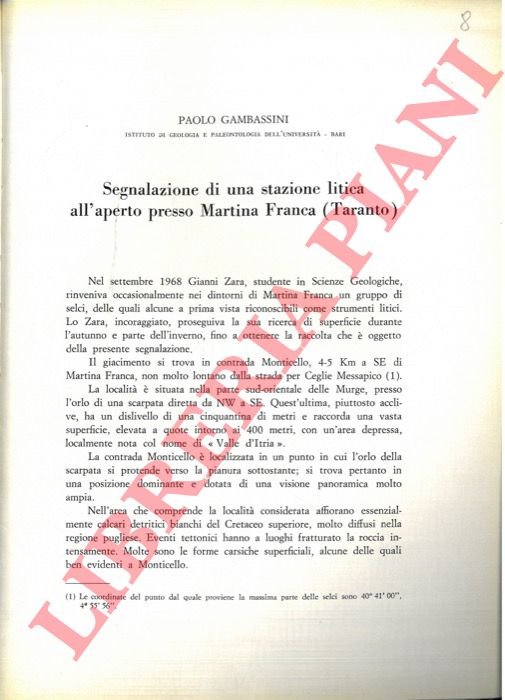 Segnalazione di una stazione litica all'aperto presso Martina Franca (Taranto) …
