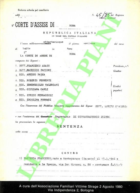 Sentenza integrale emessa il 29 luglio 1985 dalla 5a Corte …