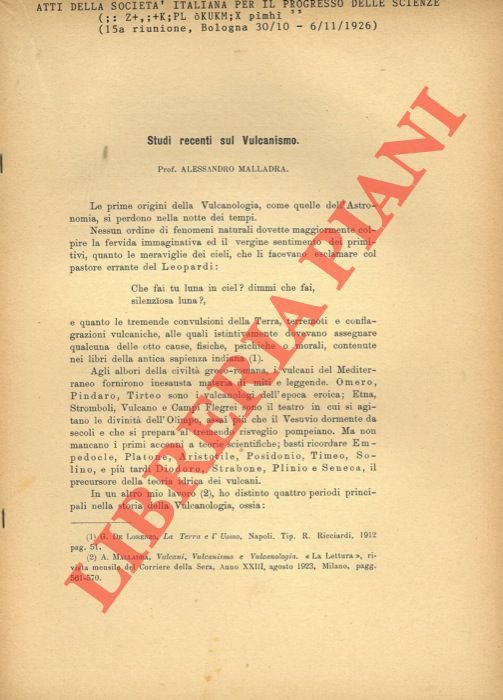 Studi recenti sul Vulcanismo.