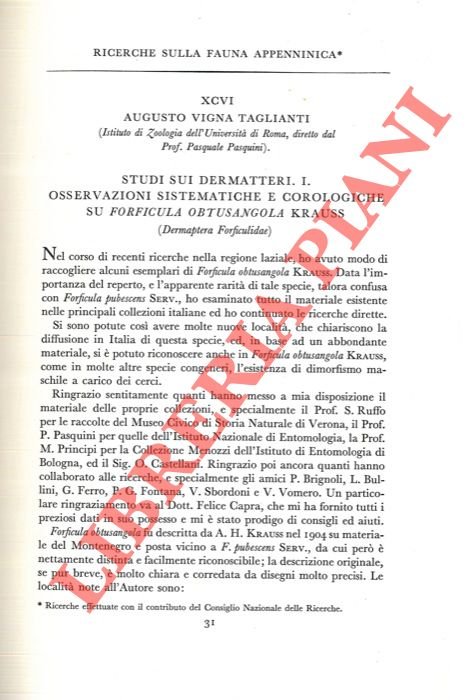 Studi sui Dermatteri. Osservazioni sistematiche e corologiche su Forficula obtusangola …