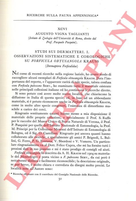 Studi sui Dermatteri. Osservazioni sistematiche e corologiche su Forficula obtusangola …
