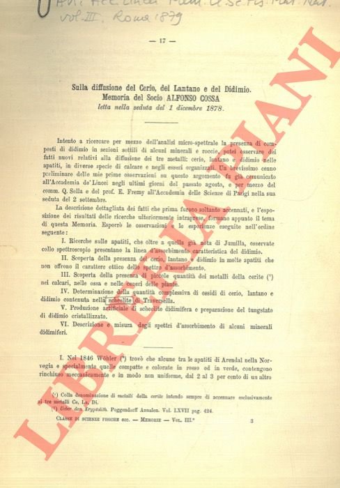 Sulla diffusione del Cerio, del Lantano e del Didimo.