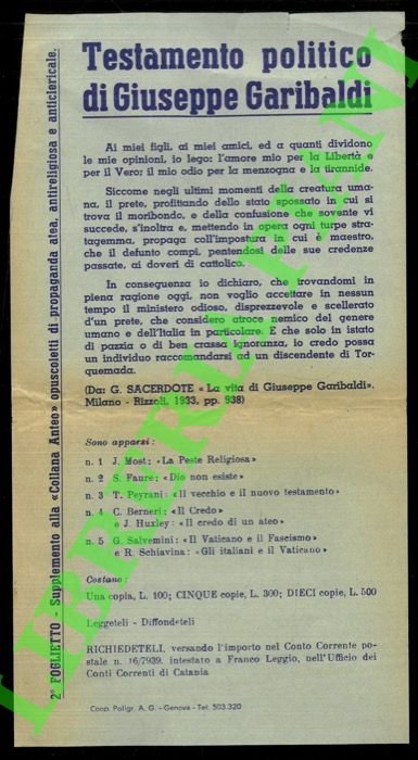 Testamento politico di Giuseppe Garibaldi.