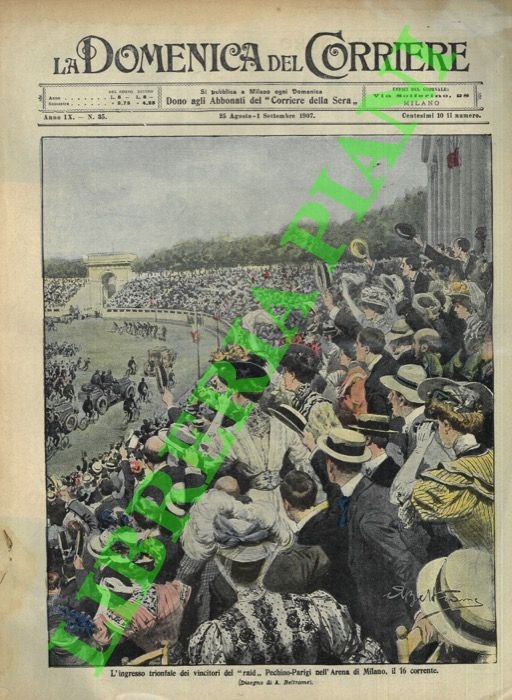 Trionfale ingresso all'Arena di Milano dei vincitori della Pechino-Parigi.