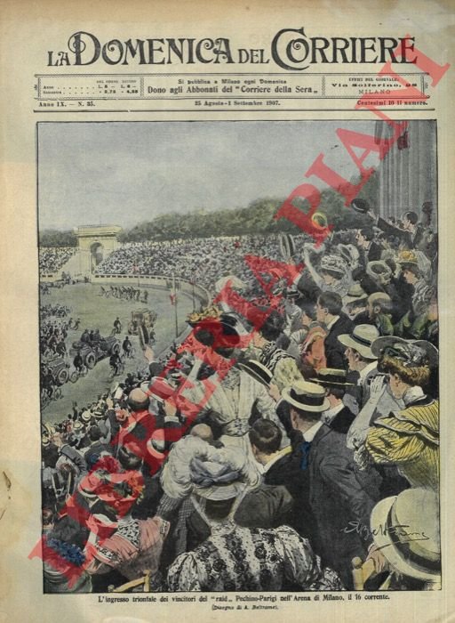 Trionfale ingresso all'Arena di Milano dei vincitori della Pechino-Parigi.