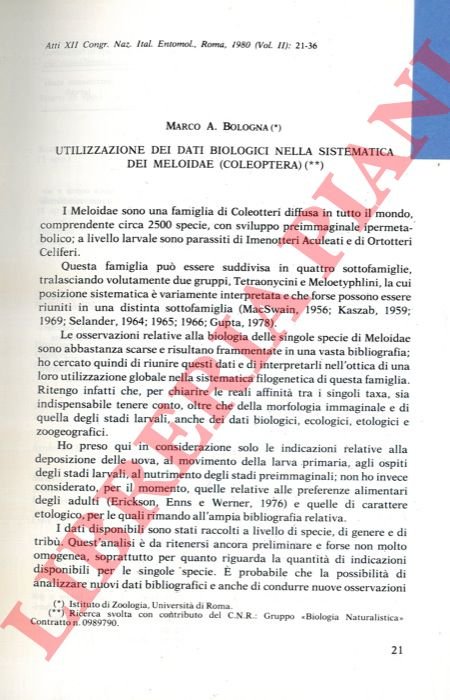 Utilizzazione dei dati biologici nella sistematica dei Meloidae (Coleoptera) .