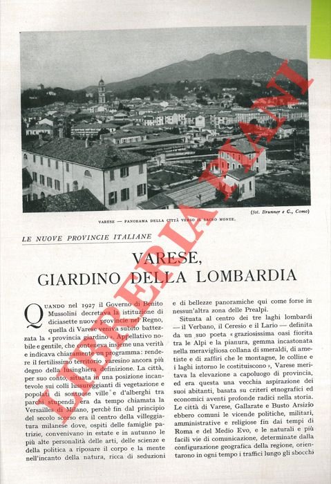 Varese, giardino della Lombardia. Le nuove provincie italiane.