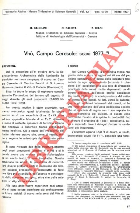Vhò, Campo Ceresole: Scavi 1977.