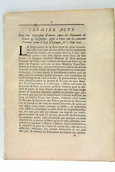 ACTE (PREMIER). POUR UNE SUSPENSION D'ARMES ENTRE LES COURONNES DE …