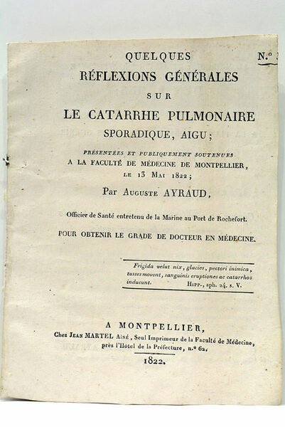 Quelques réflexions générales sur le catarrhe pulmonaire sporadique, aigu ; …