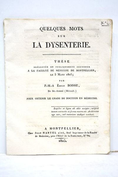 Quelques mots sur la dysenterie. Thèse présentée et publiquement soutenue …