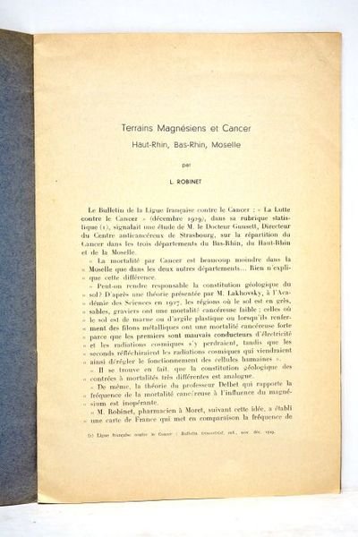 Terrains magnésiens et Cancer. Haut-Rhin, Bas Rhin, Moselle.