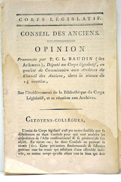Opinion sur l'établissement de la Bibliothèque du Corps Législatif, et …