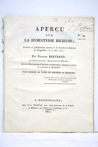 Aperçu sur la dysenterie bilieuse. Présenté et publiquement soutenu à …