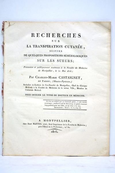 Recherches sur la transpiration cutanée, suivies de quelques propositions séméiologiques …