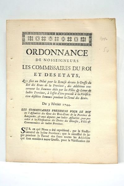 Ordonnance de Nosseigneurs les Commissaires du Roi et des Etats, …