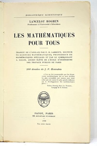 Les mathématiques pour tous. Traduit de l'anglais par F. H. …