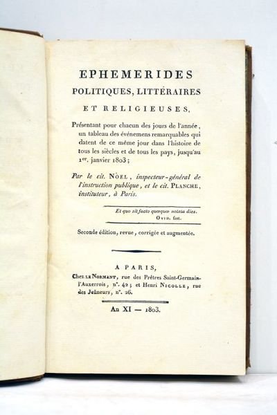 Ephémérides politiques, littéraires et religieuses, présentant pour chacun des jours …