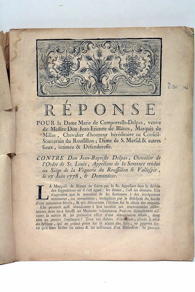 Réponse pour la Dame Marie de Camporrells-Delpas, veuve de Messire …