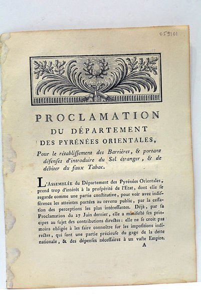 PROCLAMATION DU DÉPARTEMENT DES PYRENÉES ORIENTALES, Pour le rétablissement des …