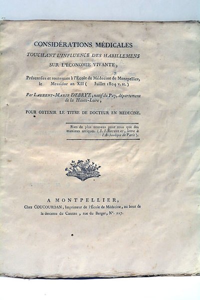 Considérations médicales touchant l'influence des habillemens sur l'économie vivante, présentées …