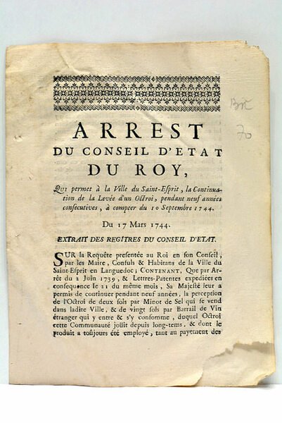 ARREST DU CONSEIL D'ETAT DU ROY, QUI PERMET À LA …