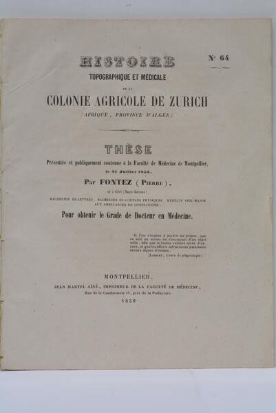 Histoire typographique et médicale de la Colonie agricole de Zurich …