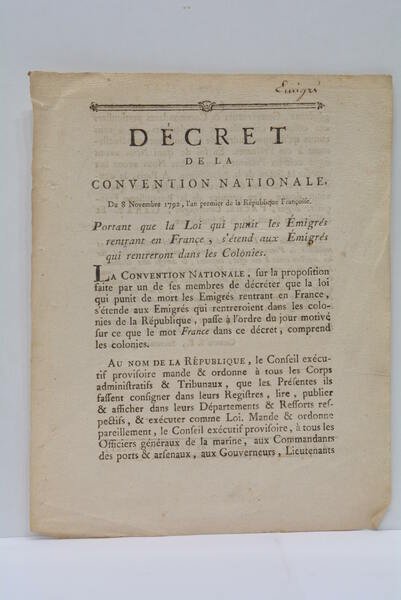 DÉCRET DE LA CONVENTION NATIONALE, DU 8 NOVEMBRE 1792, L'AN …
