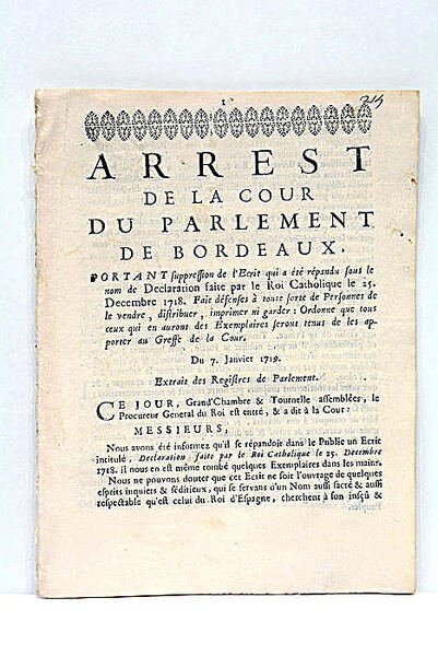 ARREST DE LA COUR DE PARLEMENT DE BORDEAUX, PORTANT SUPPRESSION …