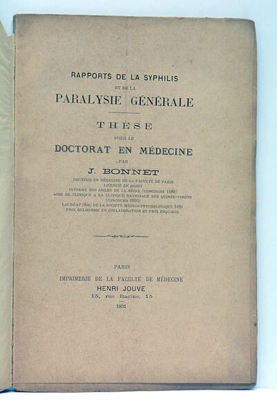 Rapports de la syphilis et de la paralysie générale. Thèse …