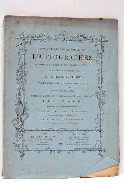 CATALOGUE D'UNE IMPORTANTE COLLECTION DE LETTRES AUTOGRAPHES COMPRENANT UNE INTÉRESSANTE … | Immagine Gallery 1