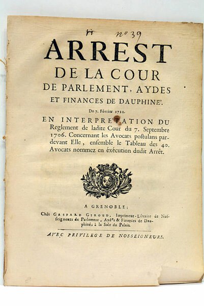 ARREST DE LA COUR DE PARLEMENT, AYDES ET FINANCES DE …