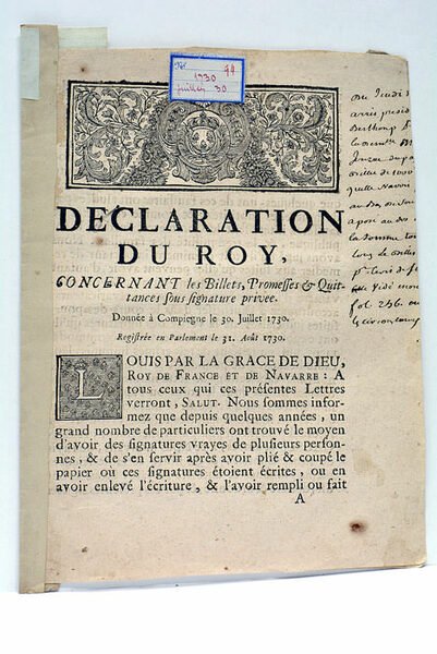 DECLARATION DU ROY, CONCERNANT LES BILLETS, PROMESSES ET QUITTANCES SOUS …