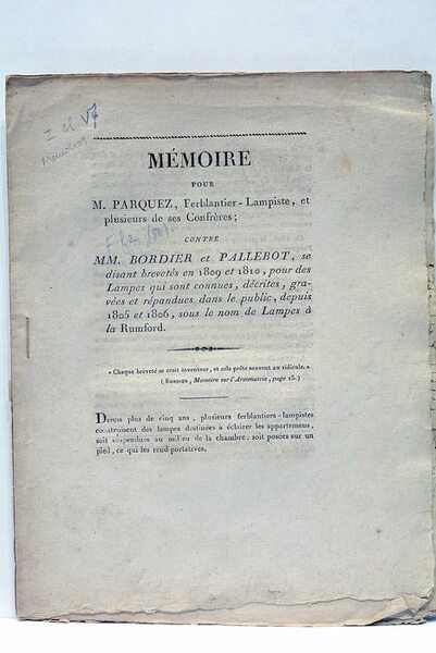 MEMOIRE POUR M. PARQUEZ, FERBLANTIER-LAMPISTE, et plusieurs de ses Confrères; …